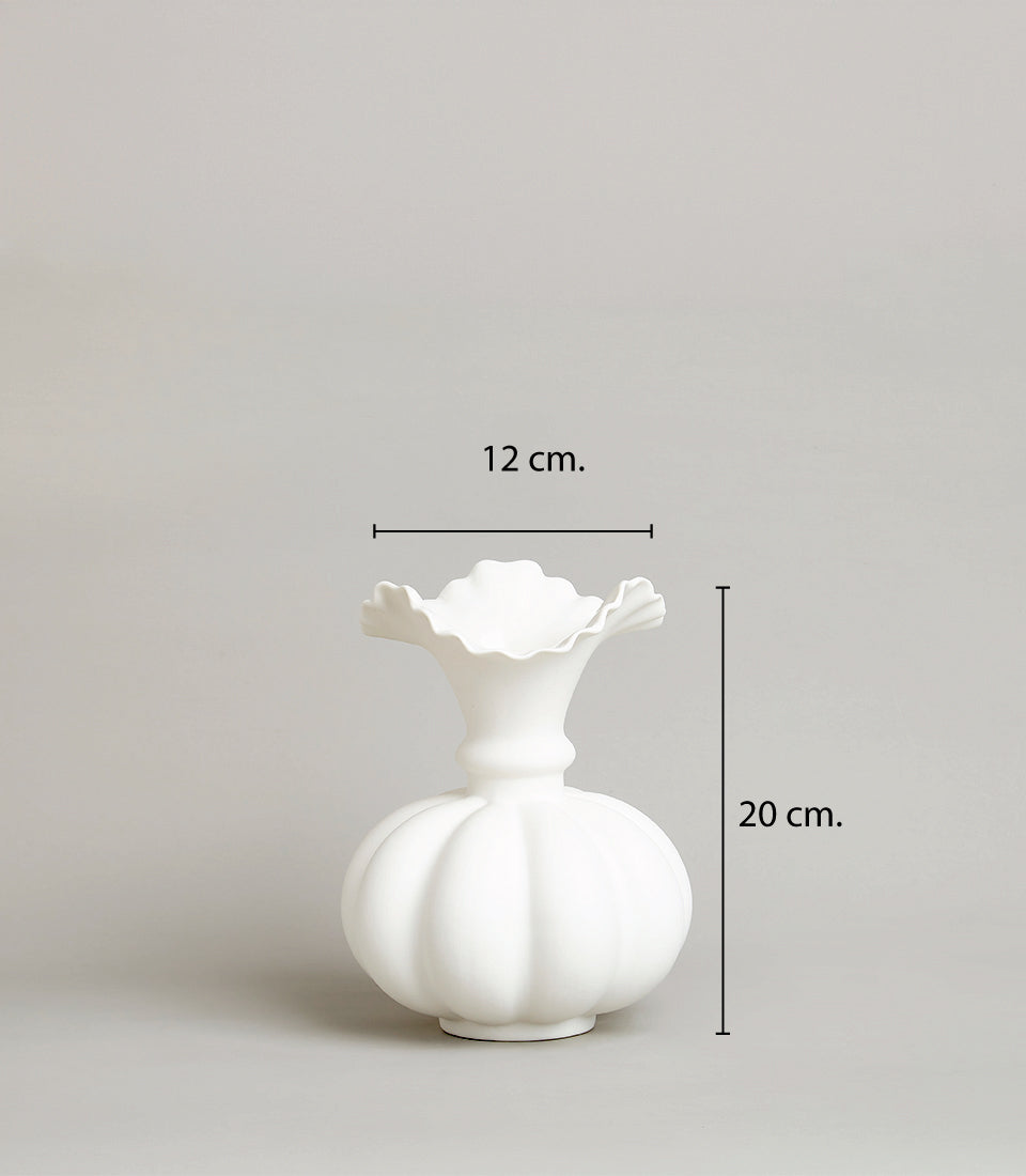 White ceramic sculptural vase with ruffled rim and ridged pumpkin body, 20cm height