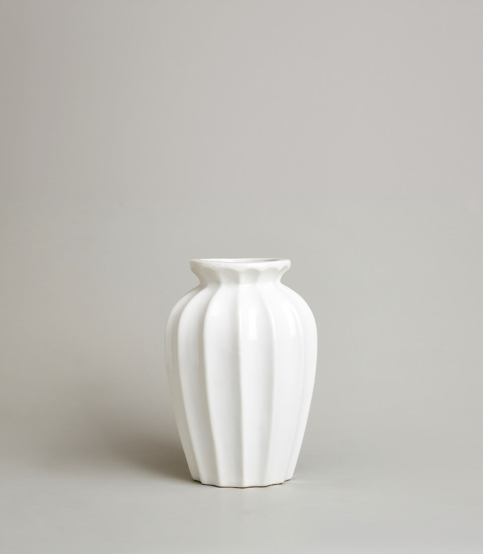 White ceramic fluted vase with scalloped rim for fresh flowers or styled décor