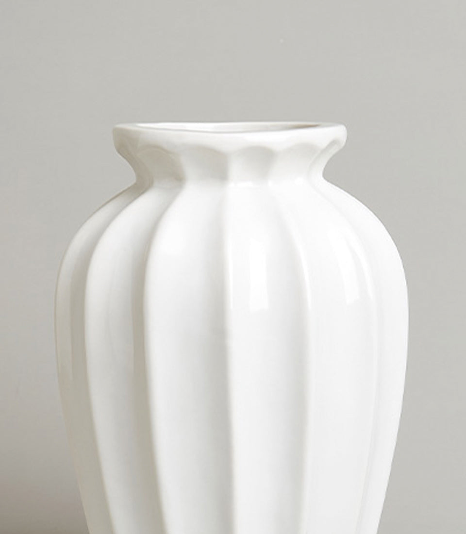 White ribbed ceramic vase with scalloped rim, luxury home décor gift