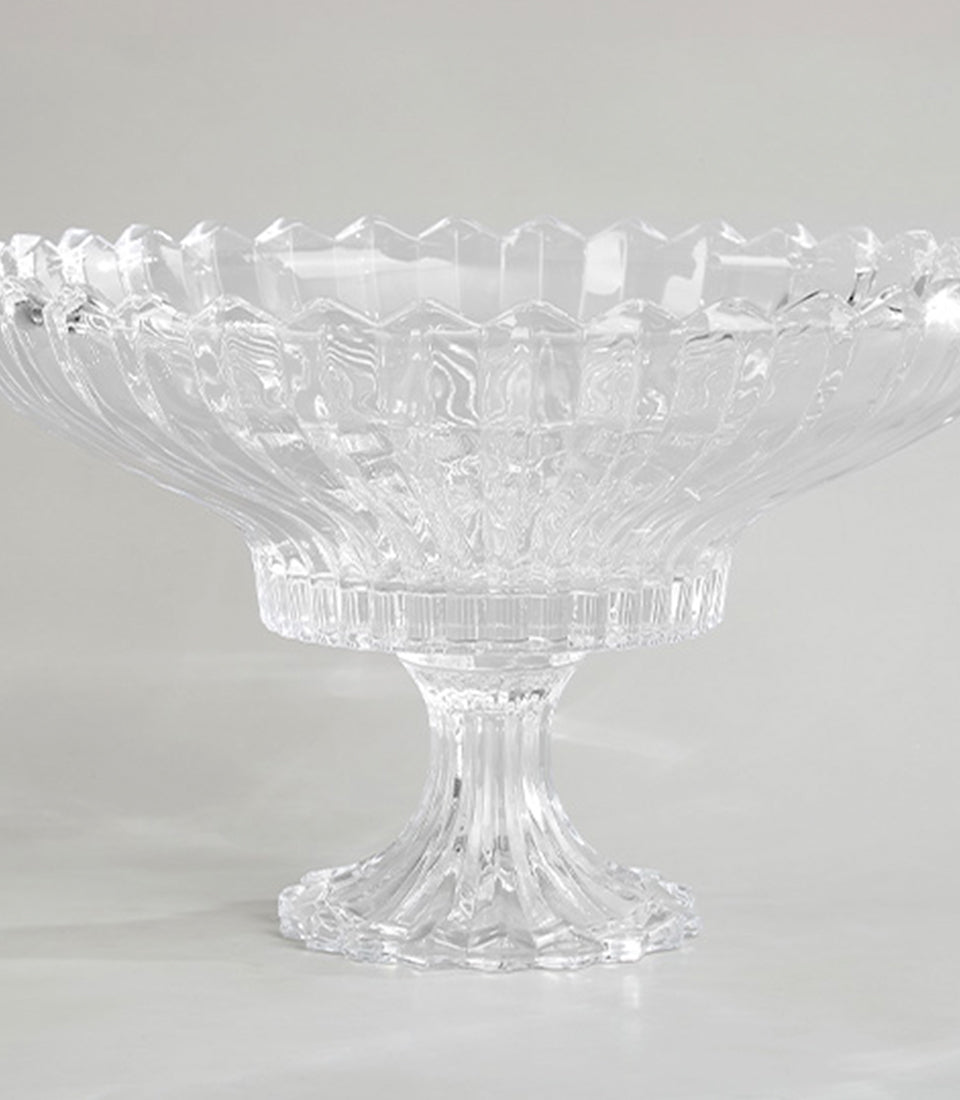 Crystal Splendor clear glass footed compote with scalloped fluted rim and ribbed pedestal base