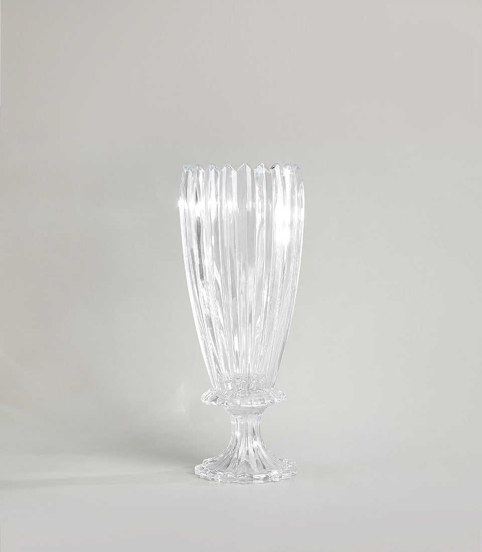 Clear glass fluted vase with pedestal base and scalloped rim for premium home décor or gifting