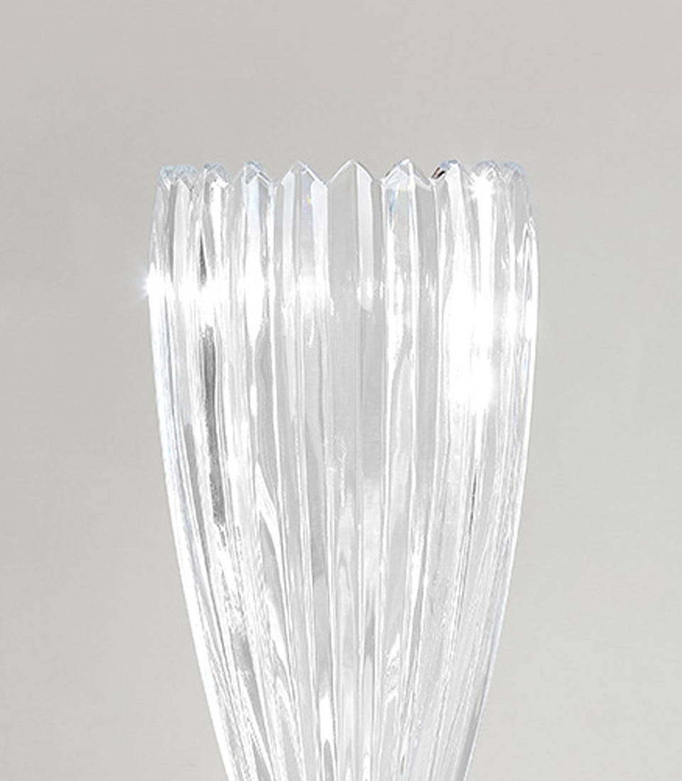 Tall clear ribbed crystal vase with scalloped rim and fluted texture for premium gifting