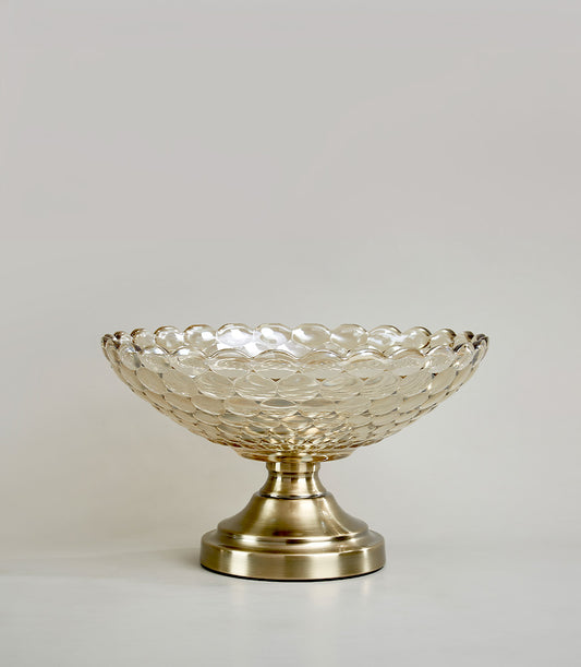 Golden honeycomb textured glass bowl on brushed metal pedestal, luxury home décor gift
