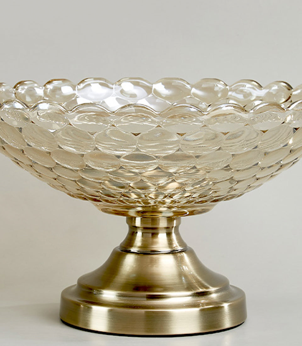 Golden honeycomb textured glass vase with brushed brass pedestal base, luxury home décor gift