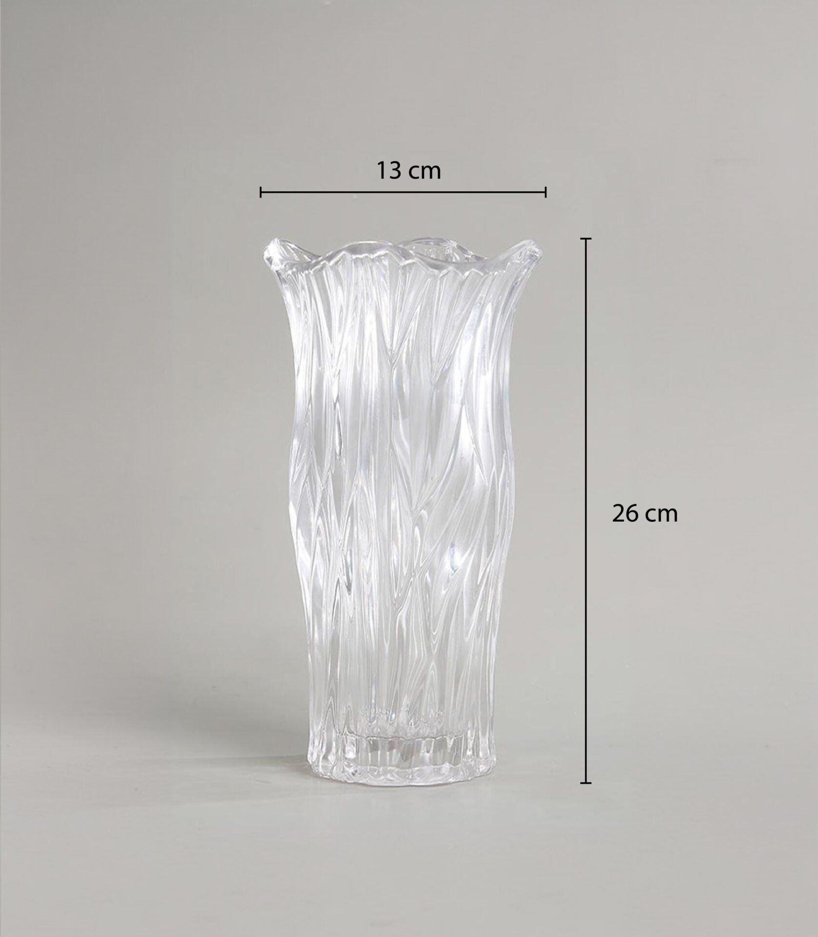 Clear glass rippled vase with flared rim, 26cm tall, for fresh or artificial flowers
