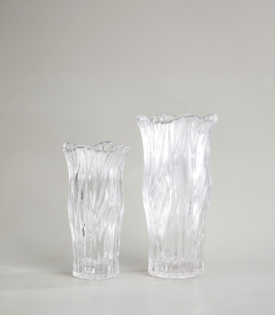 Crystal clear wave glass vases with textured ribbed pattern and scalloped rims