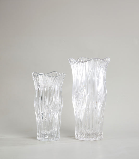Crystal clear wave glass vases with textured ribbed pattern and scalloped rims