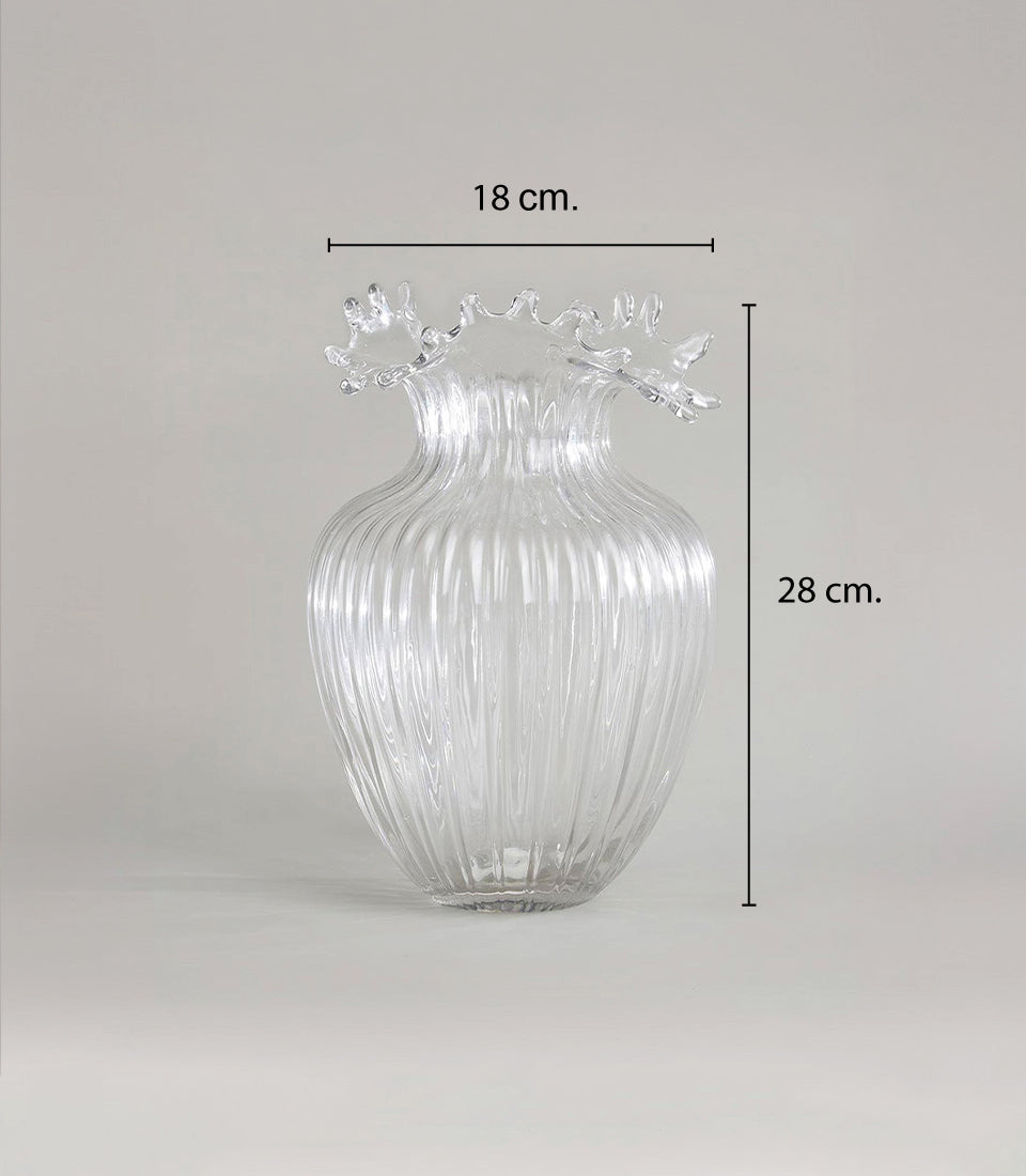 Clear glass vase with ribbed texture and ruffled rim, 28cm height, artisan home décor piece