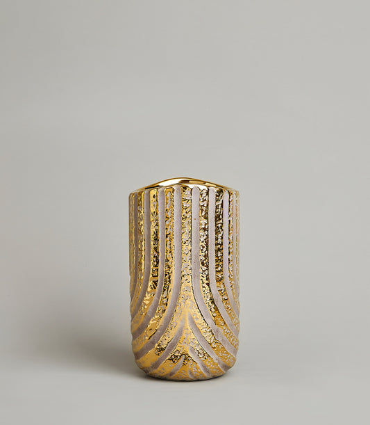 Gold and grey textured cylindrical vase with chevron pattern and polished rim