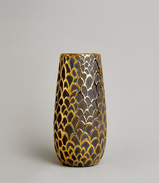 Tall dark ceramic vase with overlapping gold scale pattern, artisan luxury home decor gift