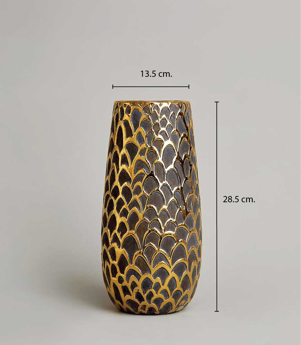 Dark brown decorative vase with gold scale-pattern texture, tapered cylindrical form for luxury gifting