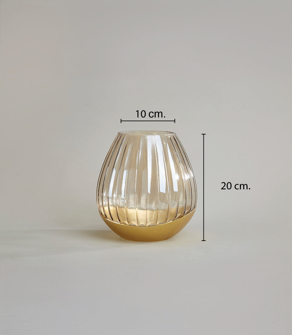 Clear ribbed glass vase with gold base, teardrop shape, 20cm height