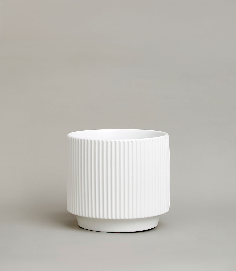 White ceramic vase with vertical fluted texture and minimalist cylindrical design