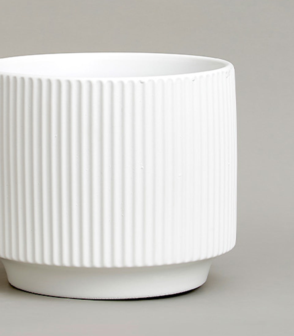 White ceramic vase with vertical ribbed design and minimalist aesthetic