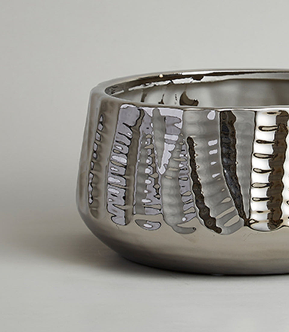 Chrome silver luxe mirage vase with hammered metallic finish and reflective glaze