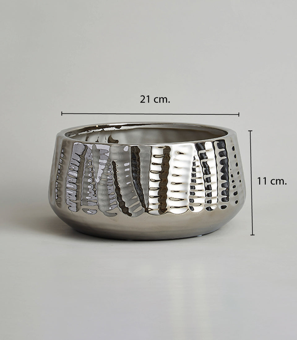 Hammered silver metallic planter, 21cm wide, for potted orchids and fresh flowers