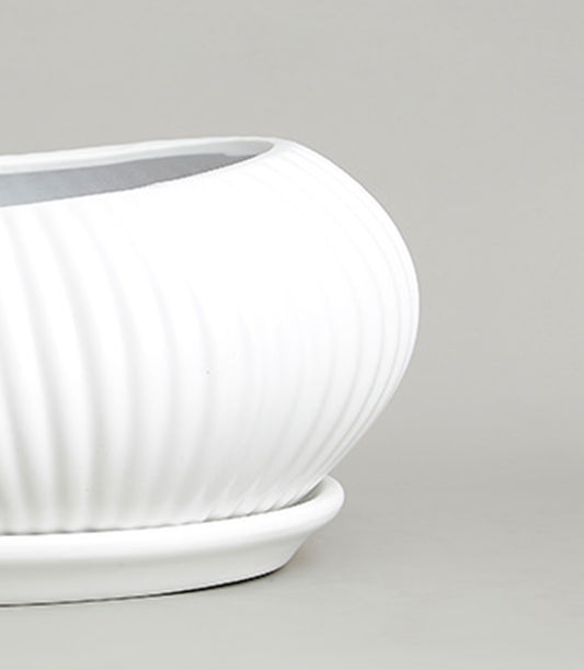 White ribbed ceramic vase with matching saucer, modern minimalist design for fresh flowers or foliage