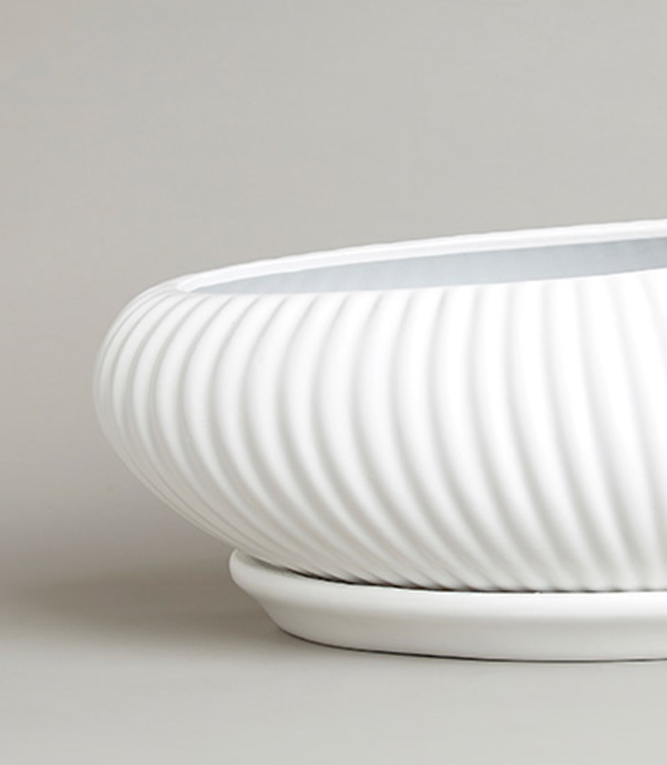 Harmony Flow white ribbed ceramic vase with saucer, modern minimalist planter for fresh flowers and greenery