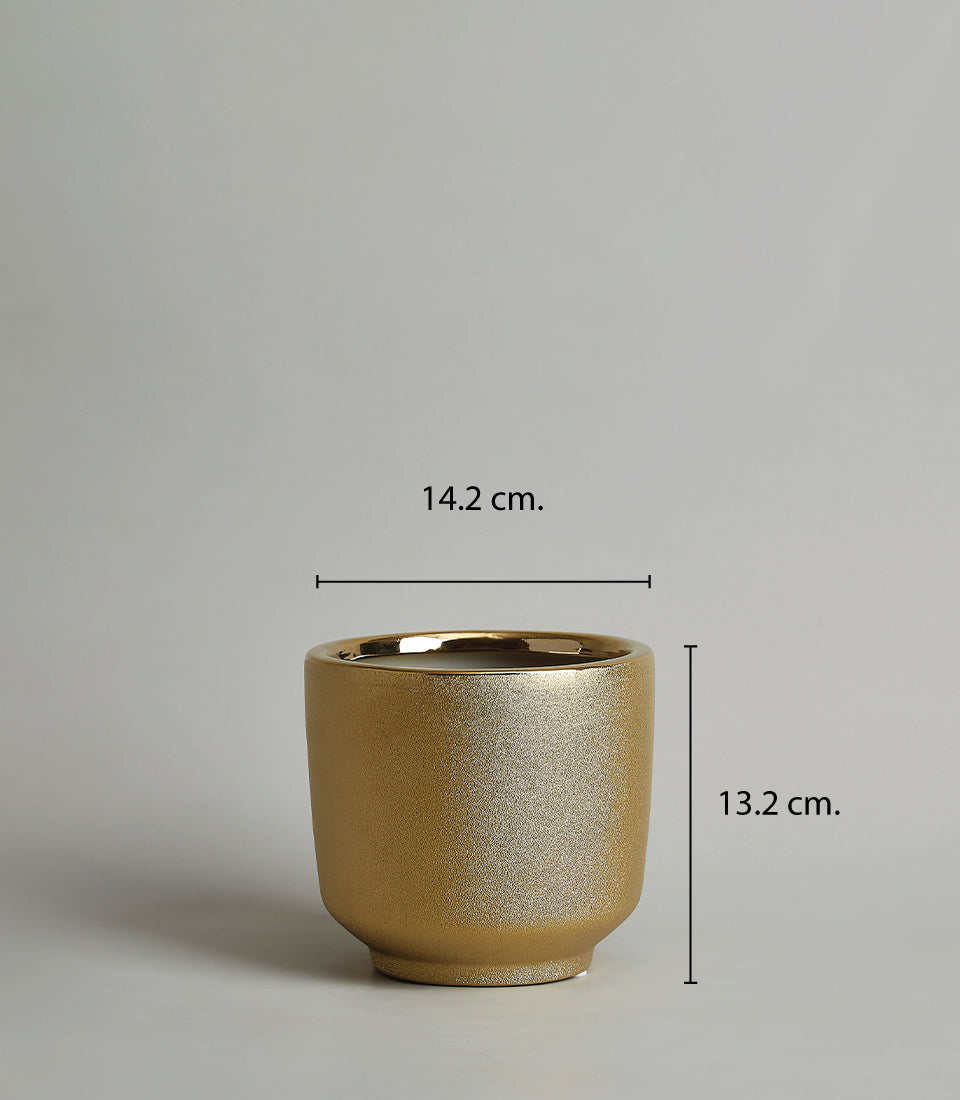 Shimmering gold ceramic vase with textured metallic finish, 14.2cm wide