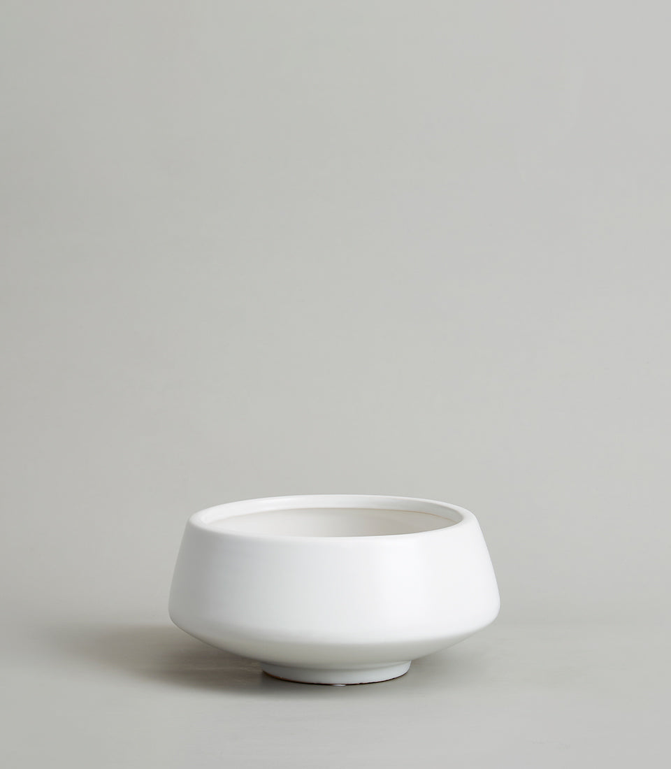 White ceramic bowl vase with minimalist tapered design, premium gift accessory