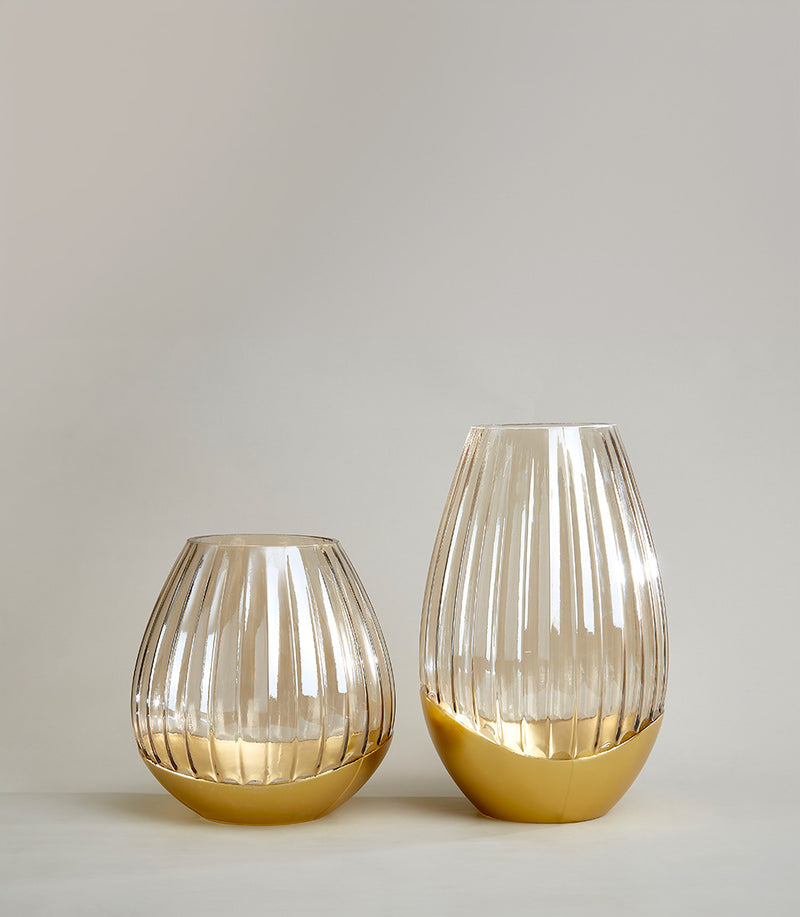 Golden ribbed glass vases with metallic base, tall and squat shapes for premium home décor