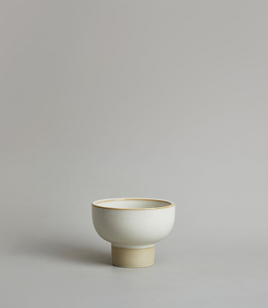 Minimalist cream ceramic pedestal bowl with natural brown base, modern home decor gift