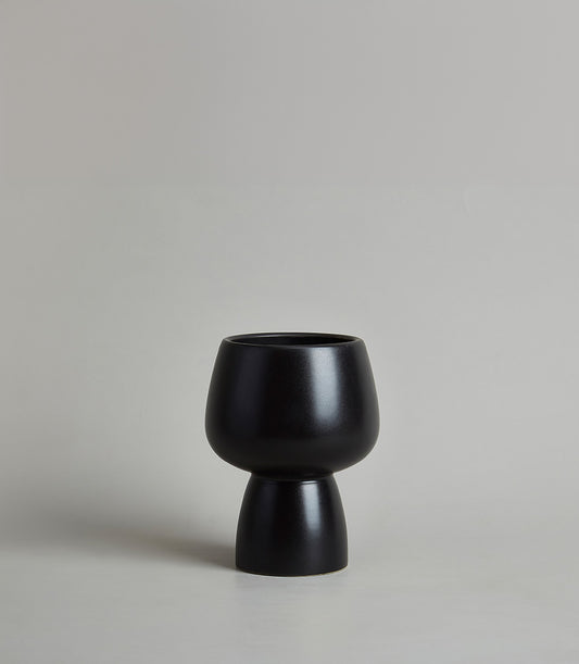 Modern black ceramic chalice vase with sculptural two-part design