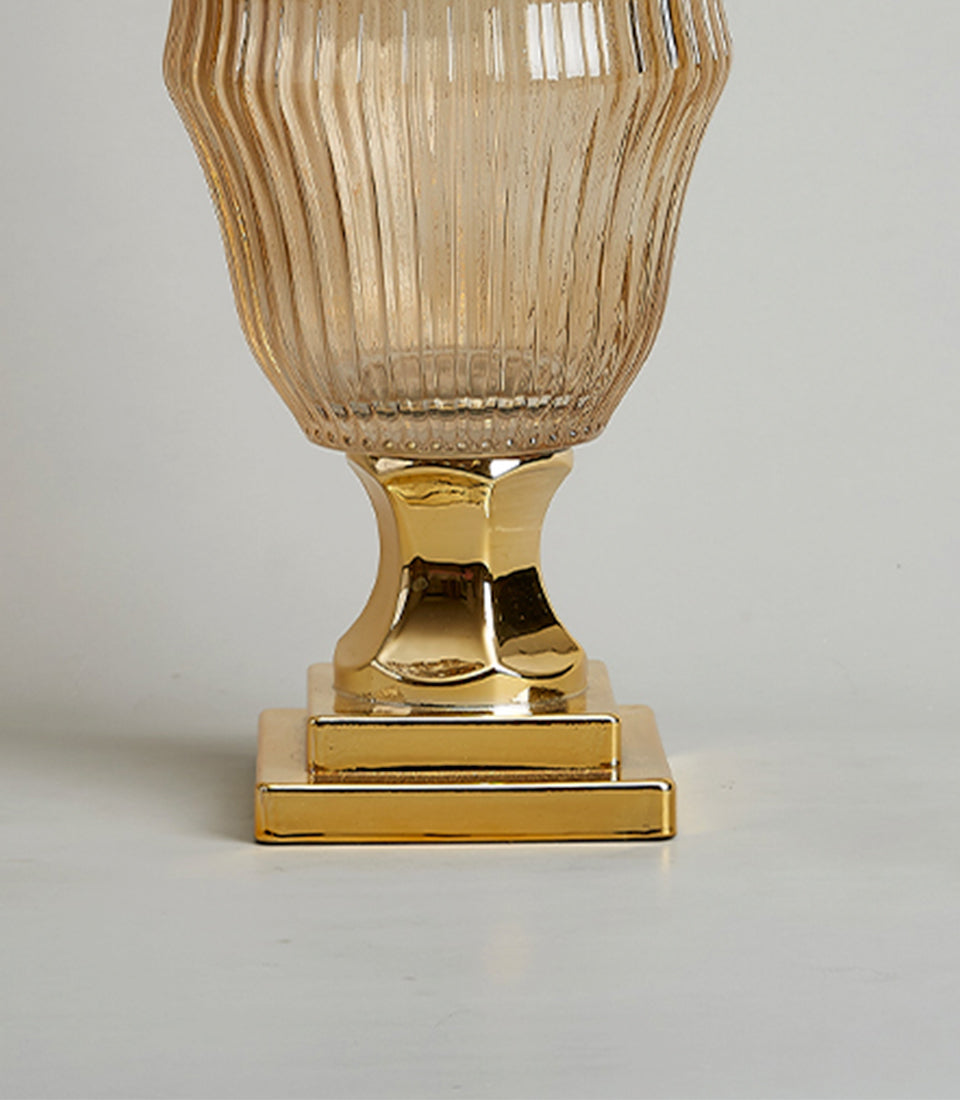 Amber fluted glass vase with polished gold octagonal base, luxury home decor piece