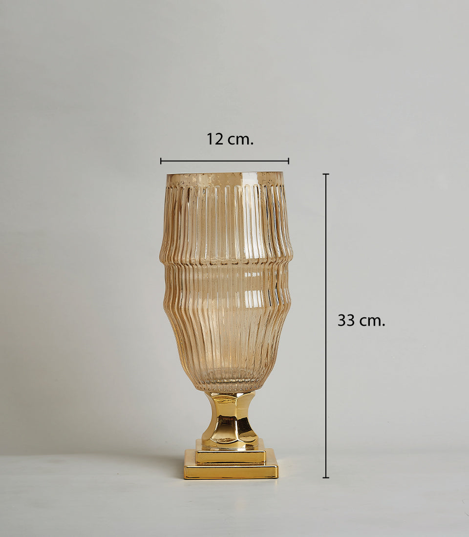 Elegant amber ribbed glass vase with gold metal base, 33cm tall luxury flower vessel