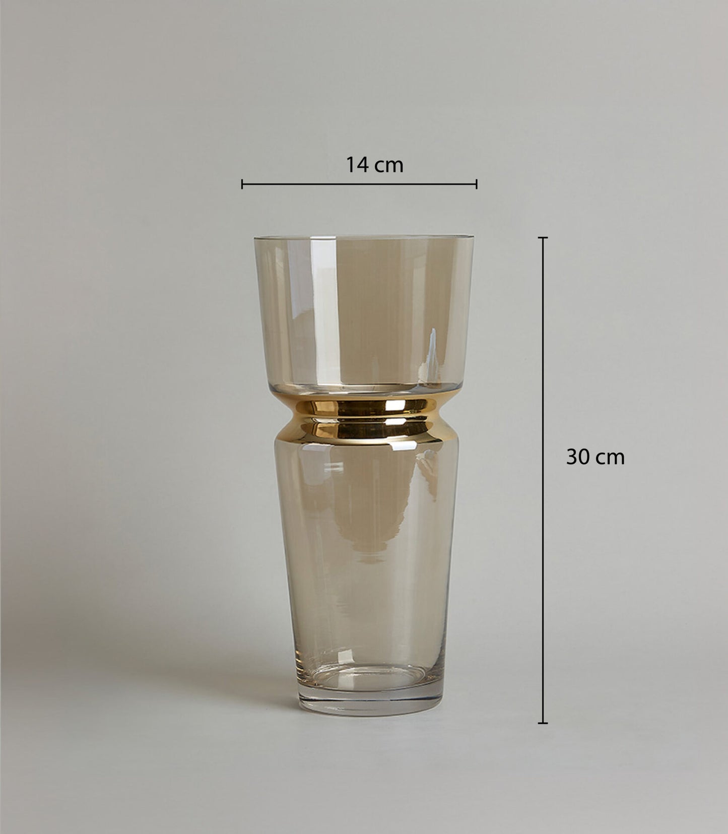 Tall amber glass vase with gold band, 30cm cylindrical luxury flower arrangement vessel