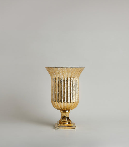 Tall gold fluted pedestal vase with antique mercury glass finish and stepped base