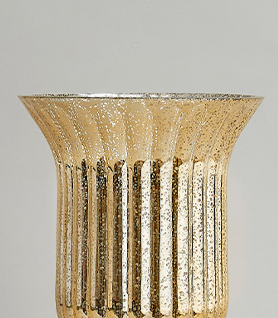 Gold fluted pedestal vase with mercury glass finish and ribbed texture