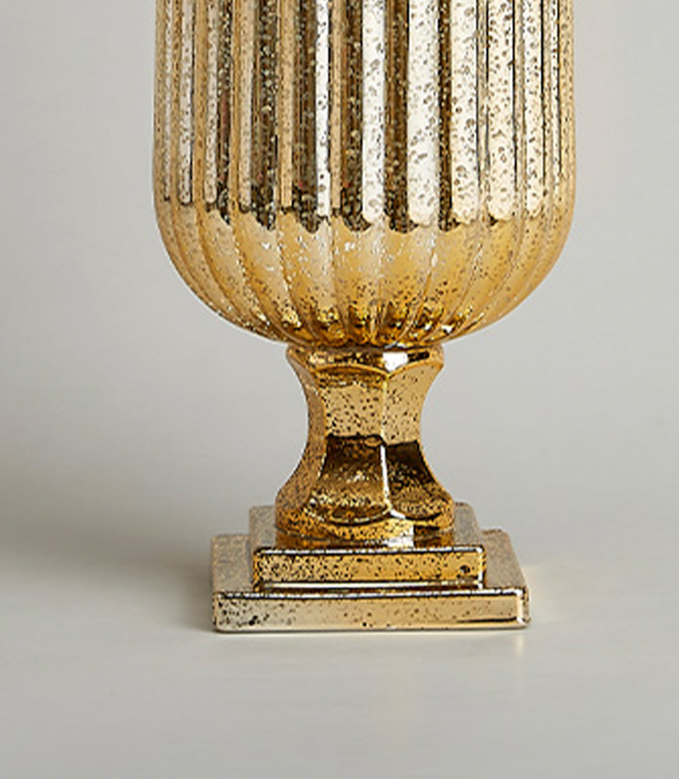 Gold fluted mercury glass pedestal vase with distressed vintage finish and hexagonal base