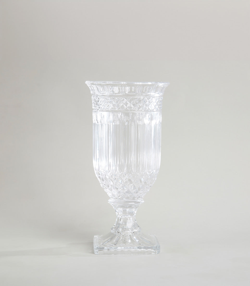 Crystal fluted glass vase with diamond-patterned relief and pedestal base, luxury gift decor