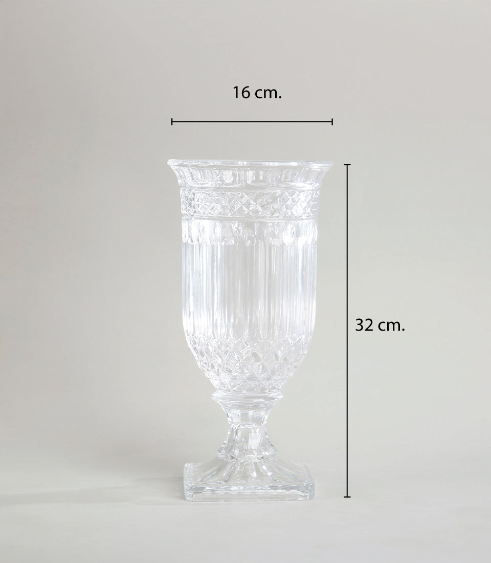 Clear crystal fluted vase with diamond and ribbed detailing, 32cm tall pedestal design for premium gifting