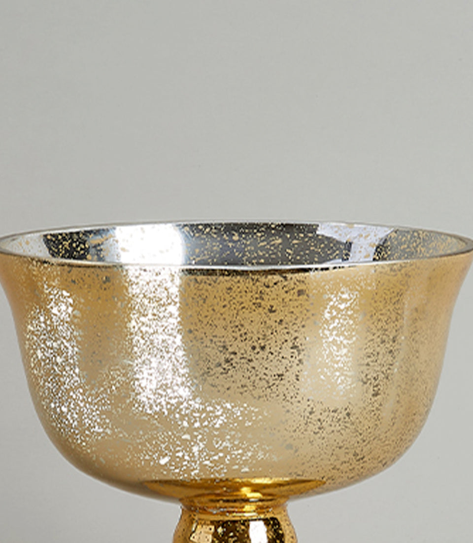 Gold mercury glass pedestal vase with distressed vintage finish and ornate base