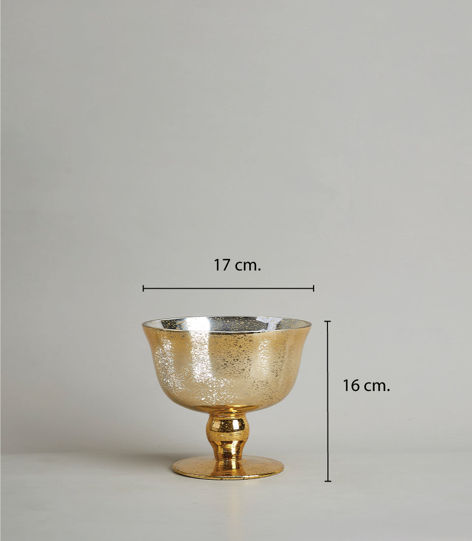 Ornate gold pedestal vase with antique distressed finish and silver mercury glass interior, 17cm diameter