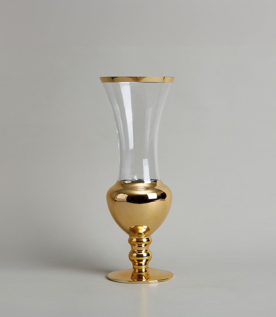 Tall elegant glass vase with gold-trimmed rim and lustrous gold base, premium gift hamper accessory