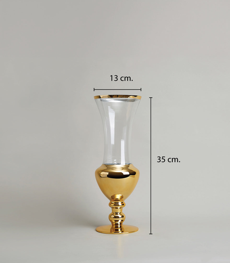 Elegant gold-trimmed glass vase with flared rim, 35cm tall, perfect for fresh flowers or standalone display
