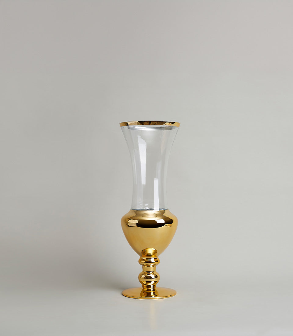 Tall clear glass vase with polished gold trim and reflective base, premium gift piece