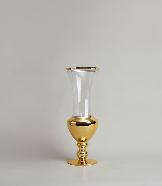 Tall clear glass vase with polished gold trim and reflective base, premium gift piece