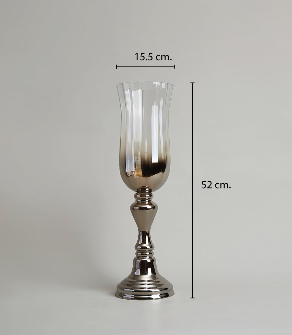 Tall ombre silver glass pedestal vase with amber gradient and ornate metallic base, 52cm height