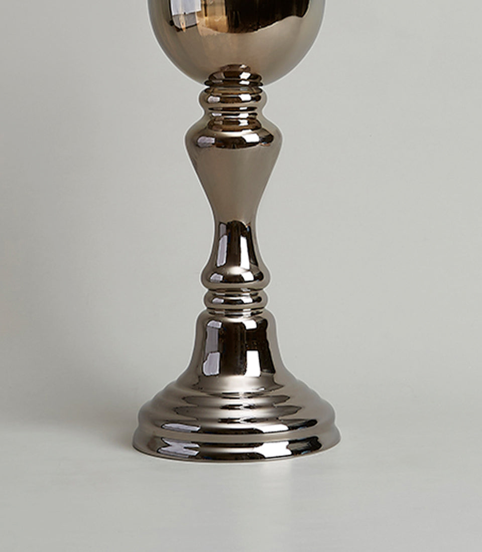 Tall ombre silver glass pedestal vase with reflective metallic finish and classical fluted base