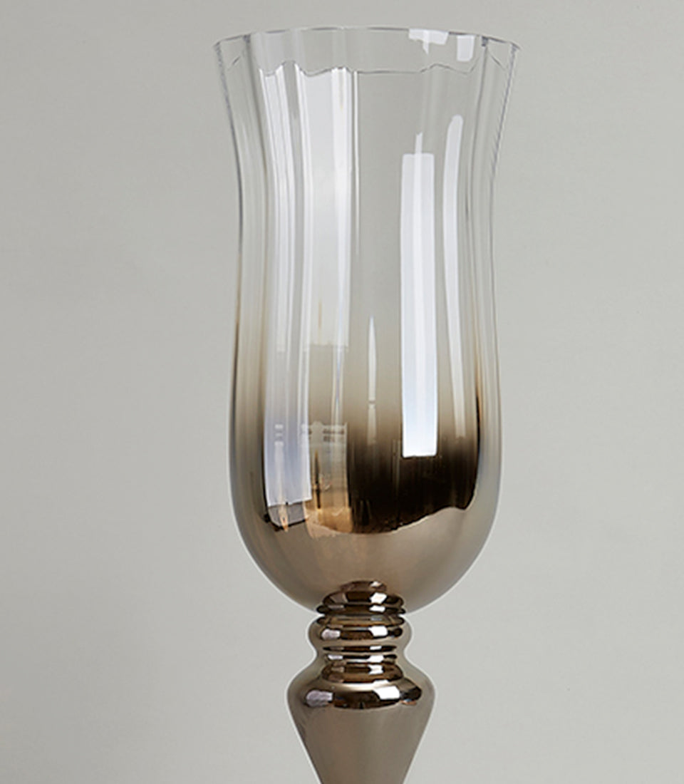 Tall ombre silver glass pedestal vase with bronze metallic base and ribbed stem