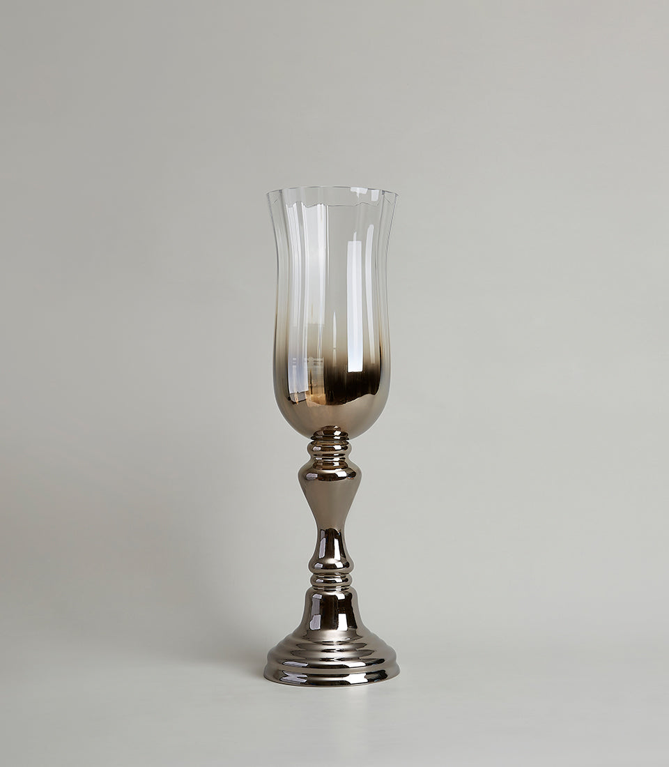 Tall ombre silver glass pedestal vase with metallic base and smoke gradient detail