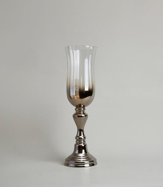 Tall ombre silver glass pedestal vase with metallic base and smoke gradient detail