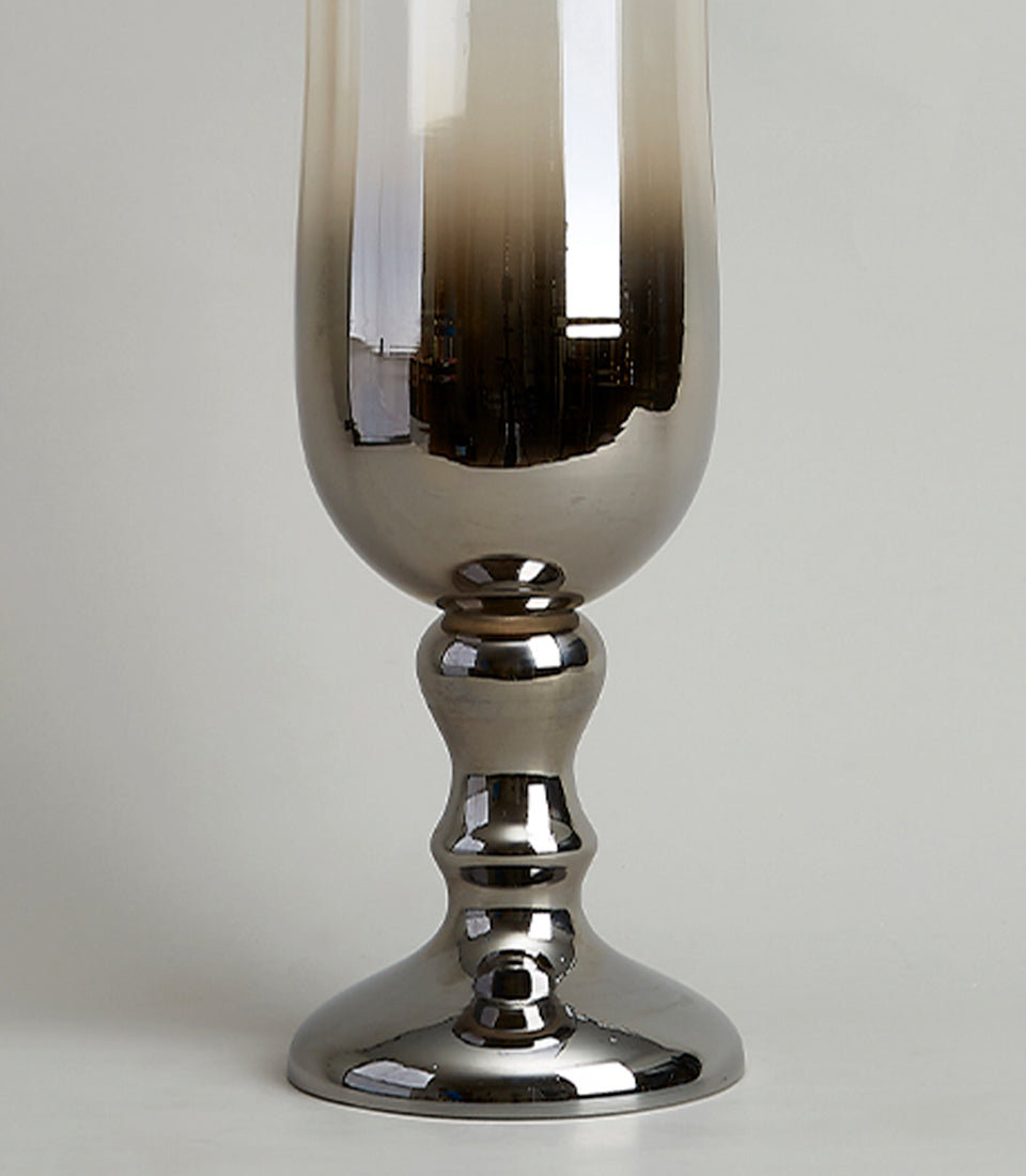 Tall ombre silver glass pedestal vase with smoky brown to grey metallic finish