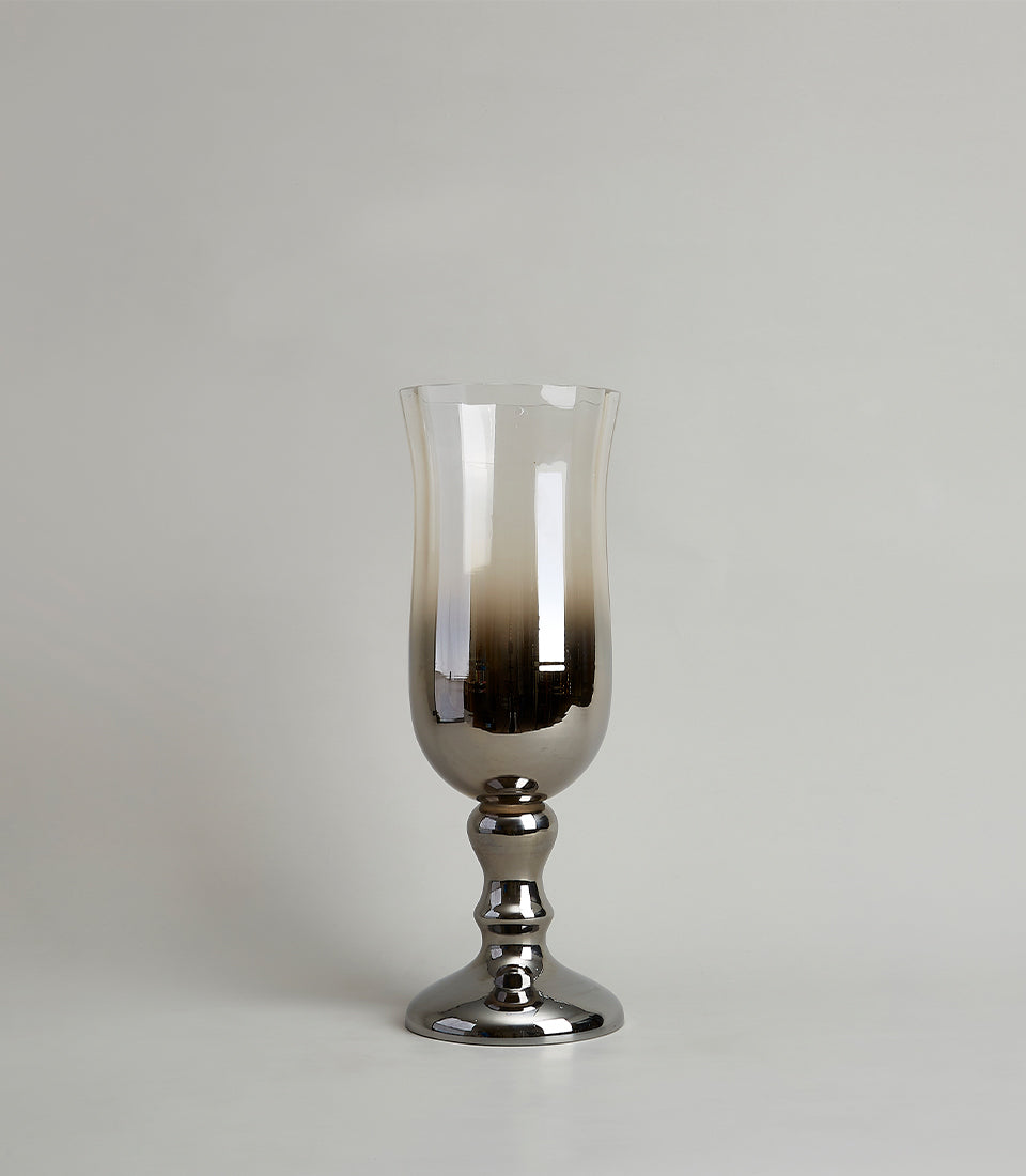 Tall ombre silver glass pedestal vase with smoky bronze gradient and polished chrome base
