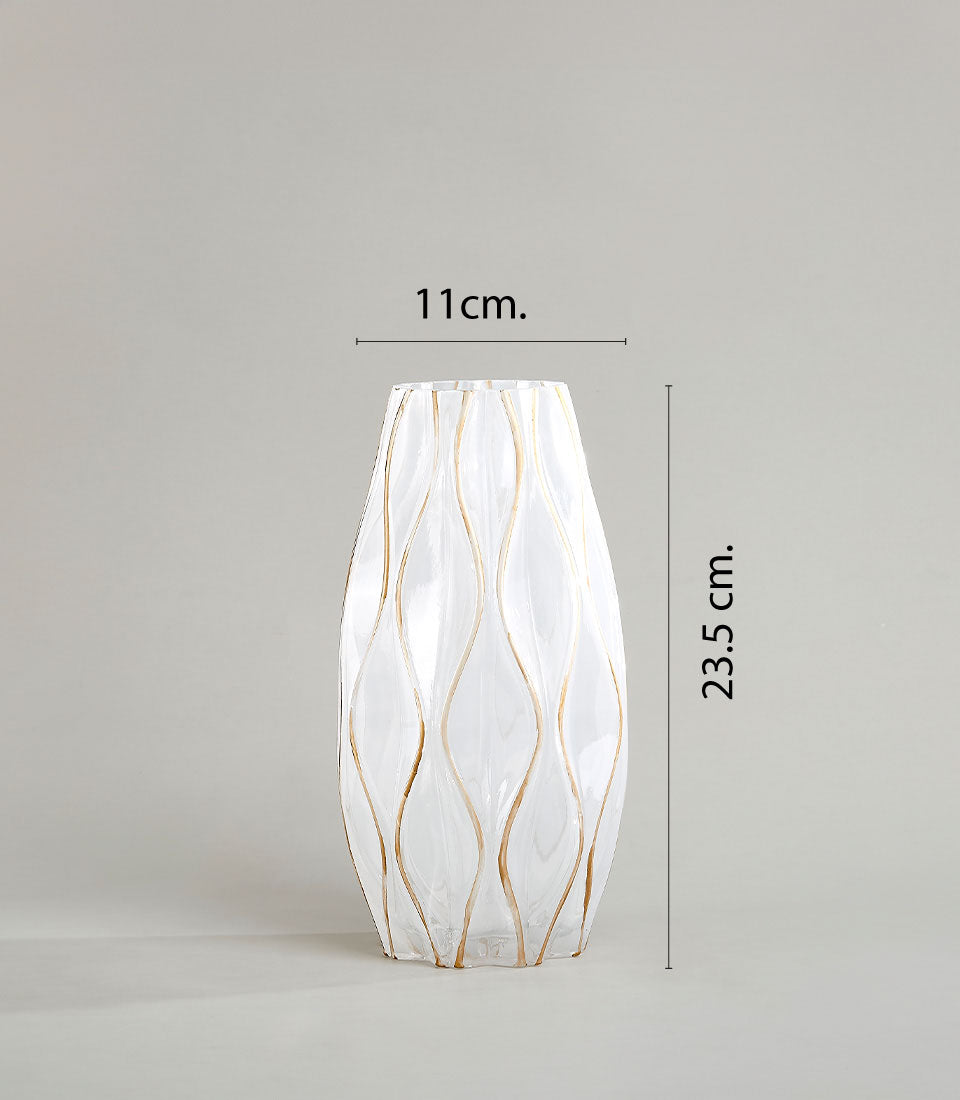 Tall clear glass vase with gold wavy lines, elegant artificial flower arrangement display