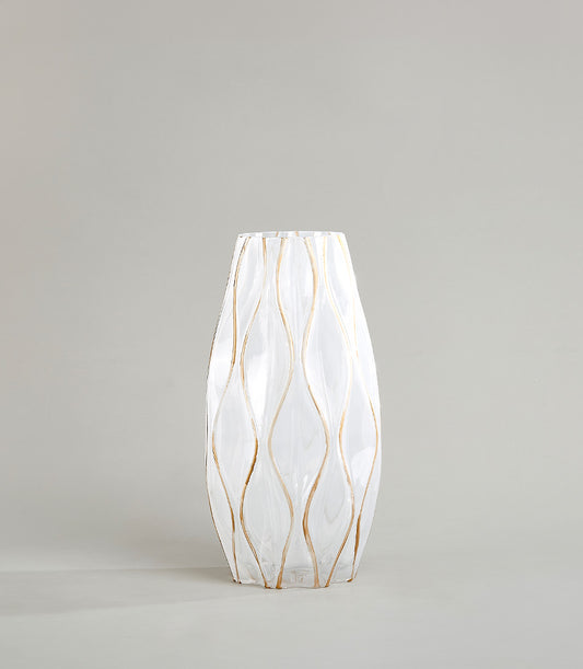 Elegant white ceramic vase with subtle gold wave detailing, perfect for a premium flower arrangement from Flowers by Basketeer in Bangkok.